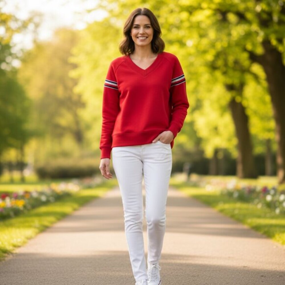 NWT Tommy Hilfiger Red V-Neck Sweatshirt Striped Sleeve Pullover Women's Size M